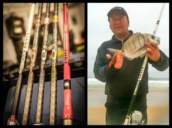 (Left) A selection of Yuki rods including the Neox Orata, Q5, Q6, Q7 and Pro Surf. (Right) Alan Price with a Bream caught using the Yuki Neox Orata.